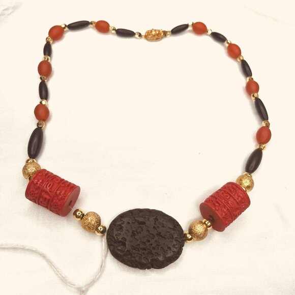 Vintage Lava & Tibetan Style Necklace – Mixed Materials, 48 cm - Picture 3 of 10
